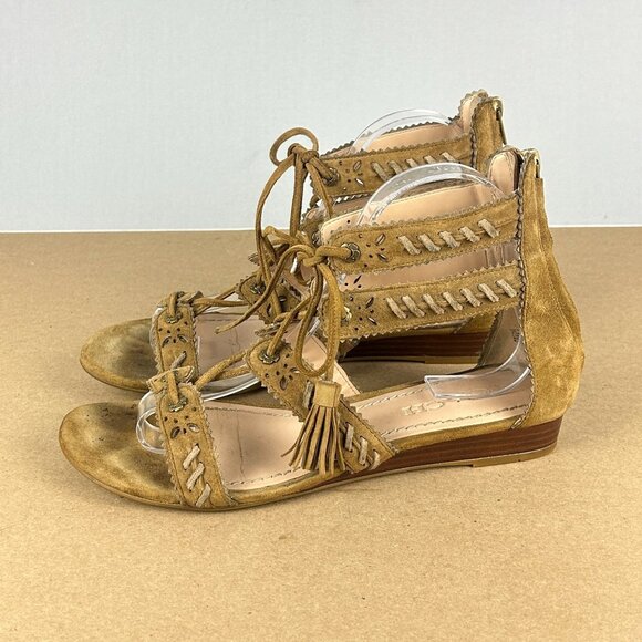 Coach Via Demi Wedge Sandals Tassel Lace Up Womens 8.5 Tan Leather - Picture 1 of 10